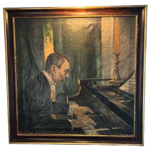 Large Oil Portrait Painting of Concert Pianist Art Deco