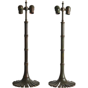 Pair Bamboo Bronzed Console Bedside Lamps 