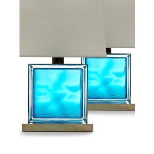 Pair of Vintage Aquarium Blue Glass Table Lamps with Polished Nickel Fittings